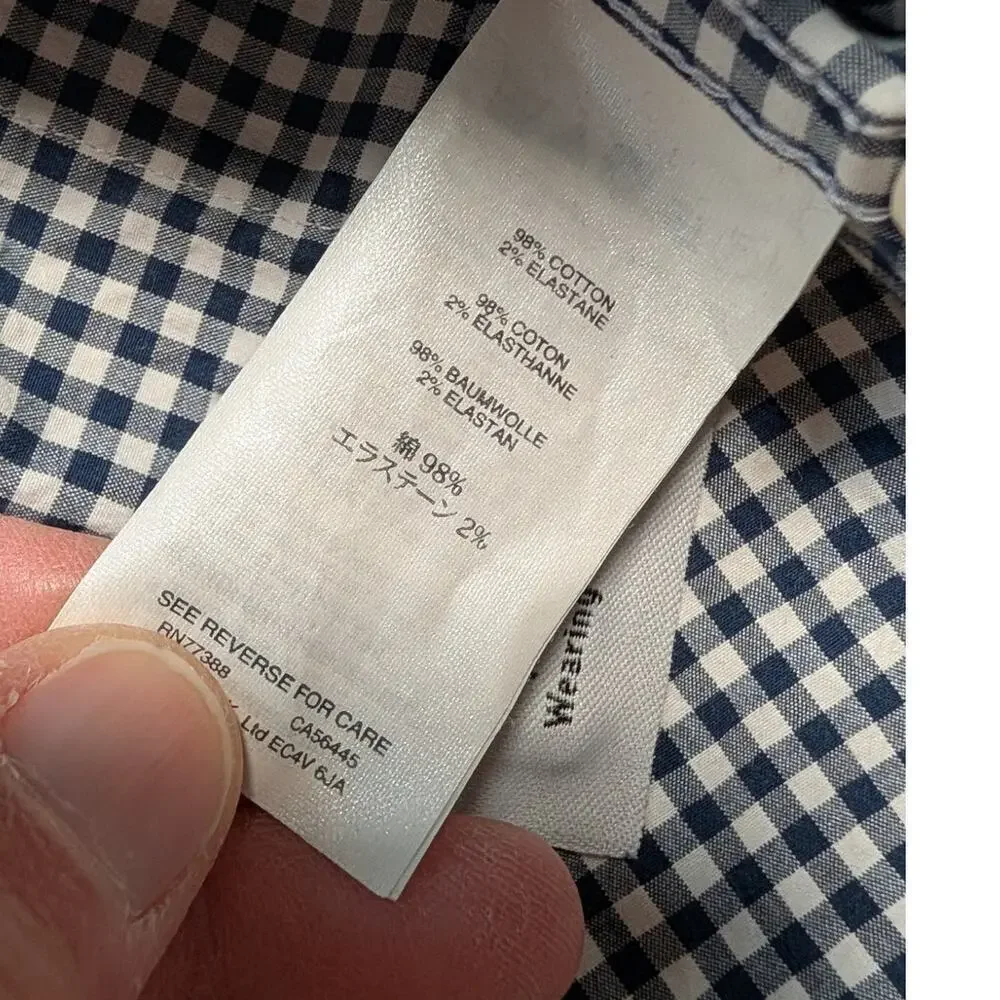 J. Crew Slim button up shirt, men's L, blue/white check pattern; Cotton Stretch